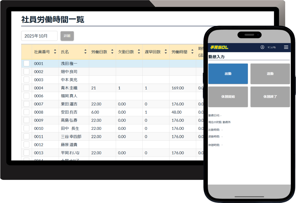 事務SOLの労働時間一覧画面と社員ページの勤怠打刻画面