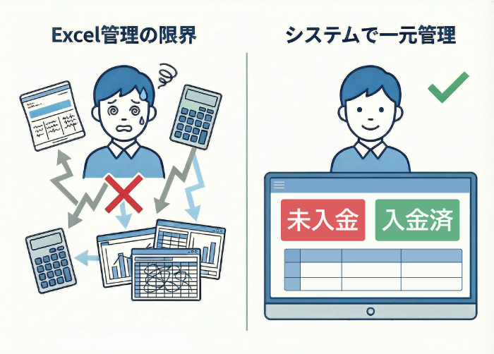 Excelでの複雑な入金管理に悩む担当者と、システムで「未入金」「入金済」をシンプルに一元管理する担当者の比較図
