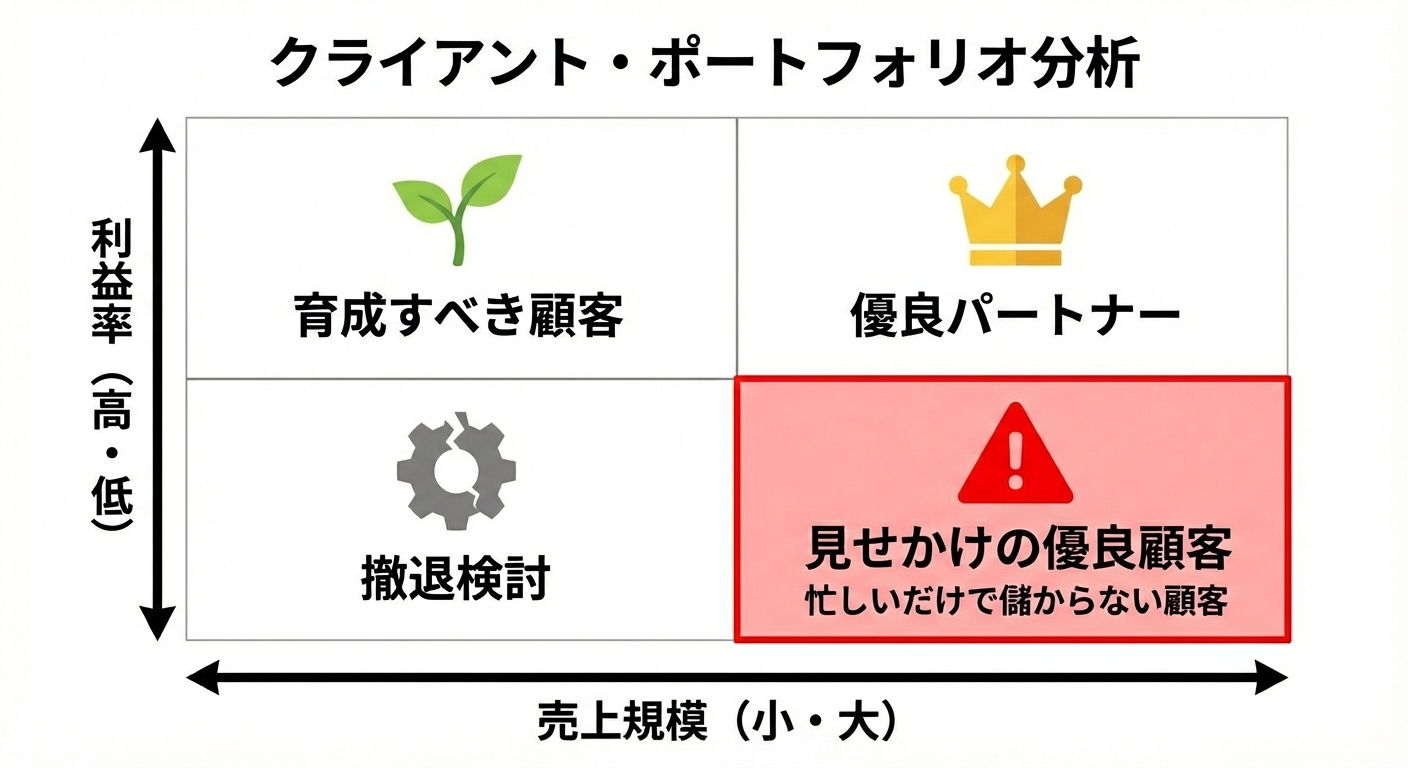 制作会社のクライアント・ポートフォリオ分析図：売上規模と利益率の2軸で顧客を分類し、現場の疲弊を招く「見せかけの優良顧客（赤字リスク）」を可視化する4象限マトリクス。