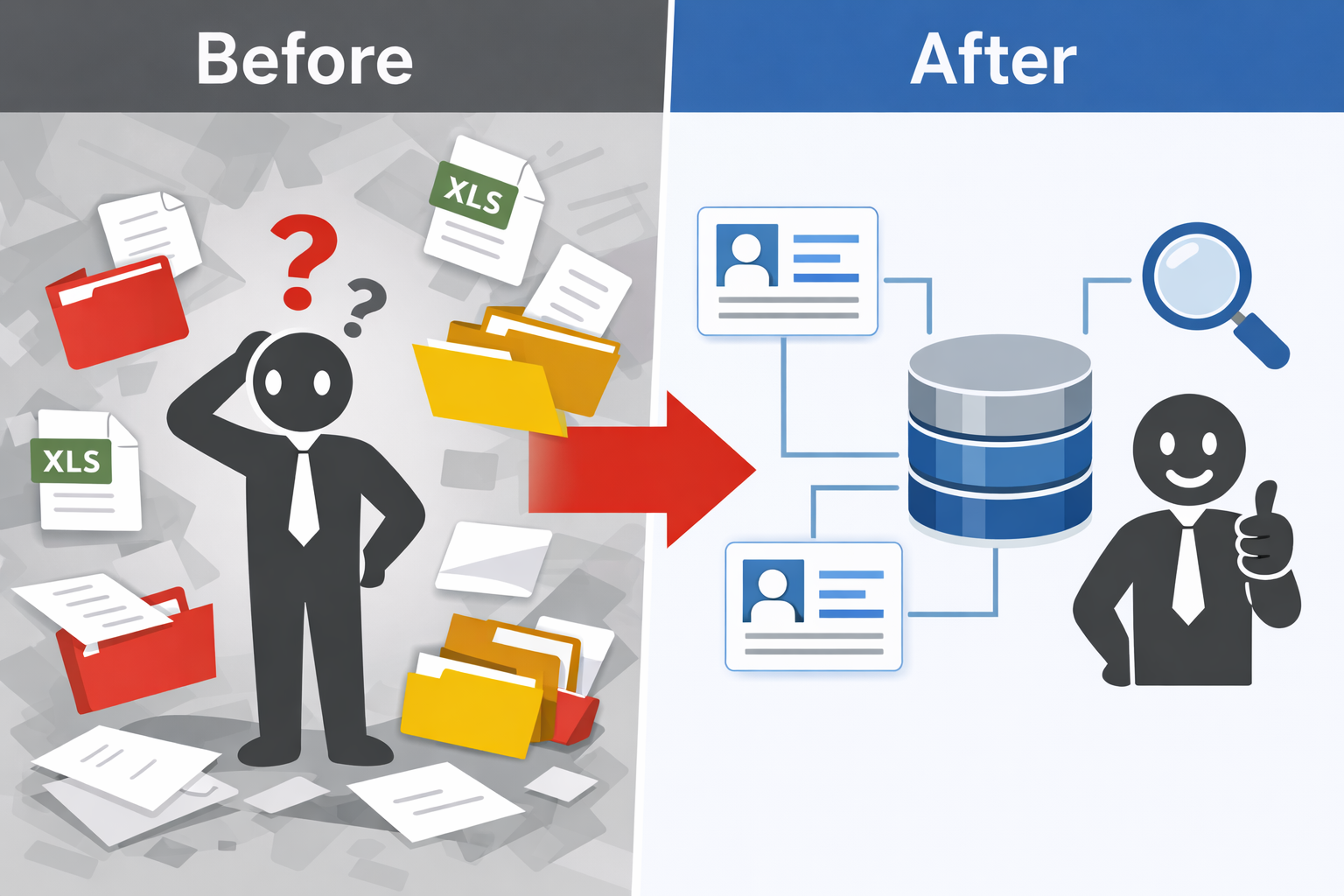 SES経営の管理体制を比較した図。左側（Before）はエクセルや書類が散乱し管理者が混乱している状態、右側（After）はデータベースに情報が集約され、検索や管理が効率化された理想的な状態をピクトグラムで表現。