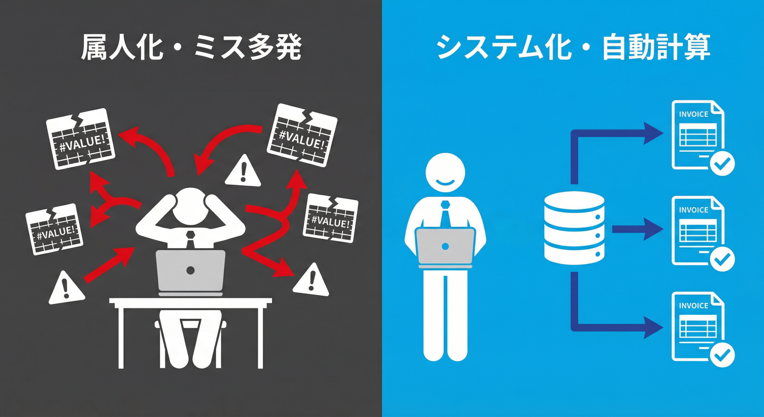 Excel管理による属人化・ミス多発の課題と、システム化・自動計算による解決策の比較図解